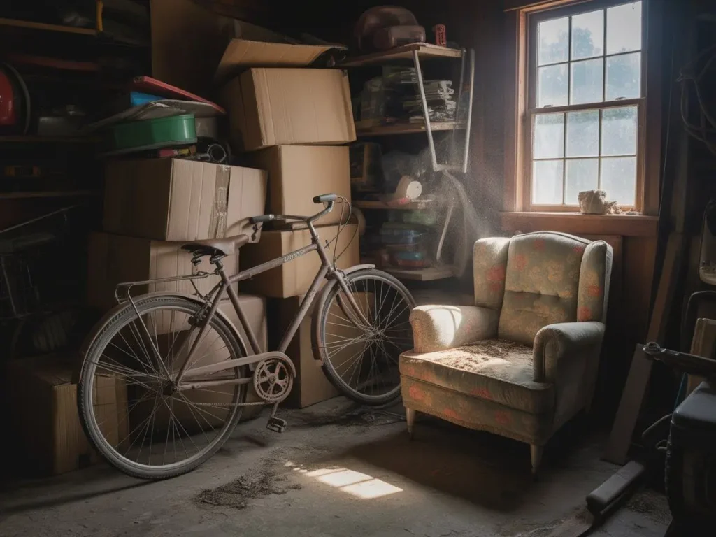 Cluttered garage filled with unwanted items for junk removal in Visalia