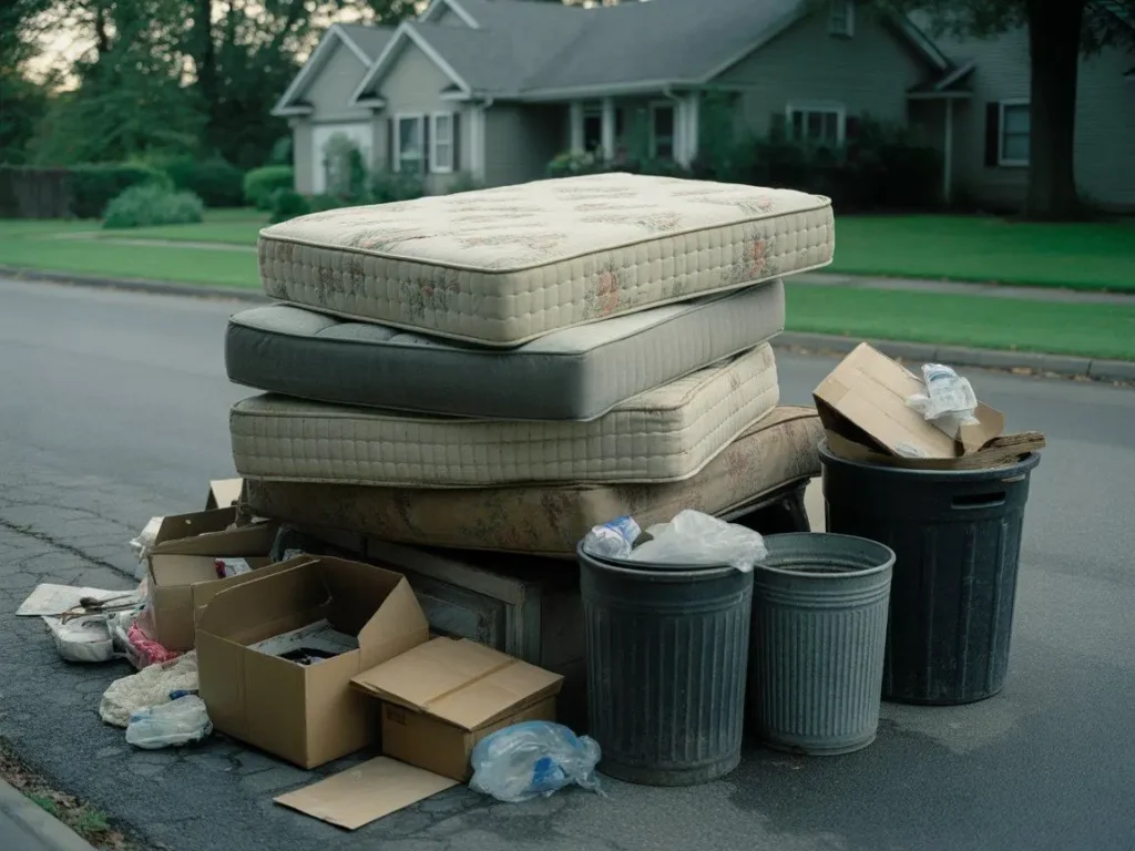Old mattresses piled outside for junk removal pickup