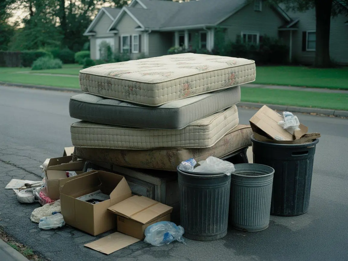 Old mattresses piled outside for junk removal pickup