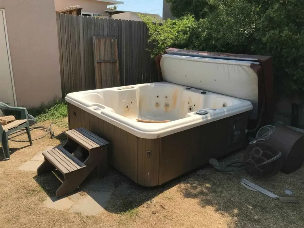 Old outdoor hot tub prepared for removal service in Visalia