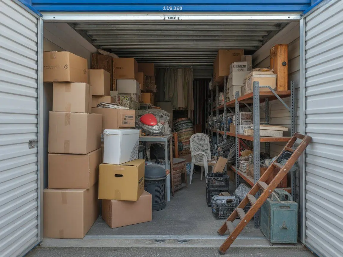 Overflowing storage unit packed with junk items to be cleared out