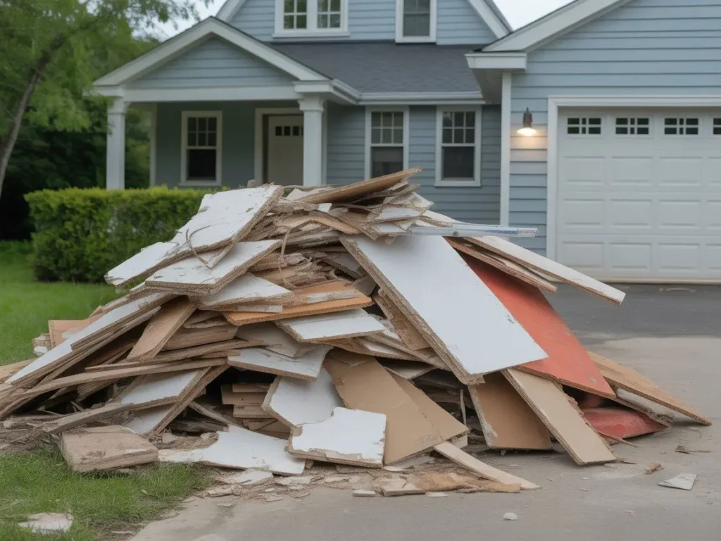 Light demolition debris stacked outside for junk hauling service in Visalia.