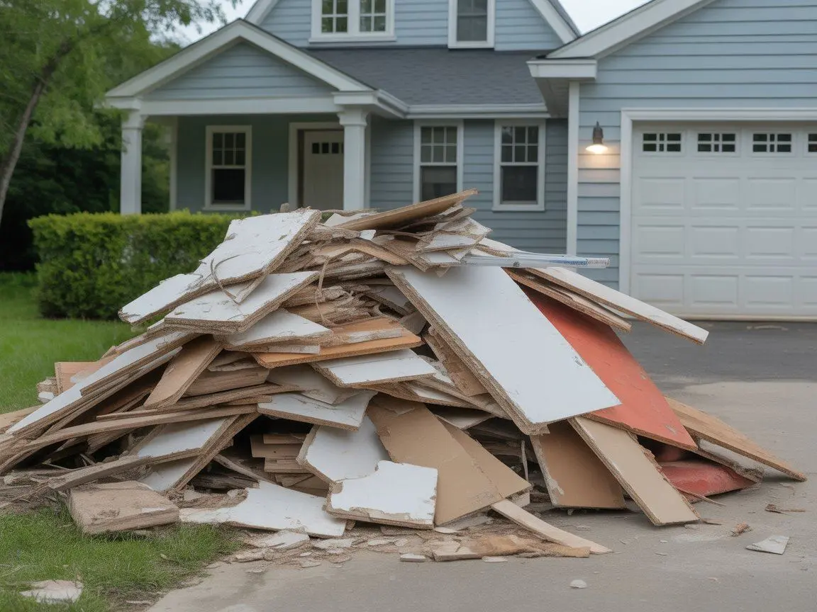 Light demolition debris stacked outside for junk hauling service in Visalia.