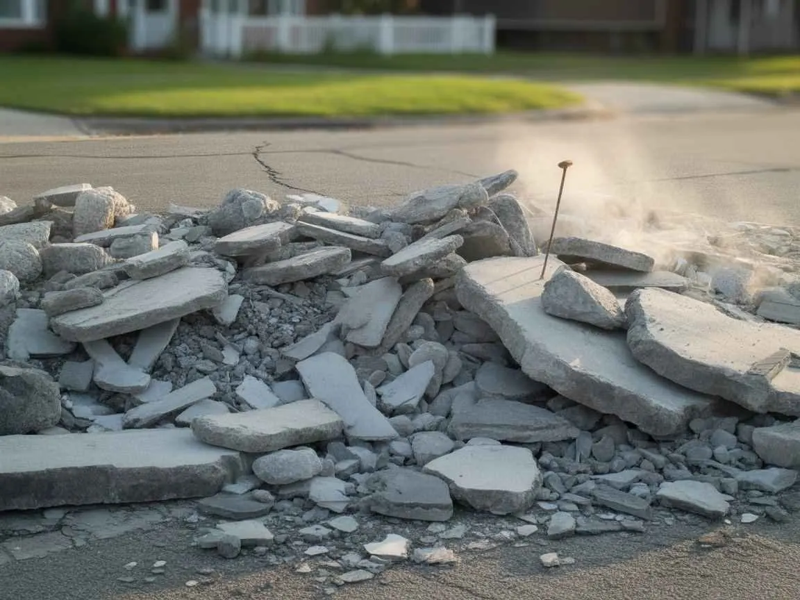 Pile of broken concrete pieces from demolition ready for removal