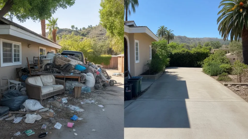 Before and after junk removal driveway cleanup in Visalia, California.