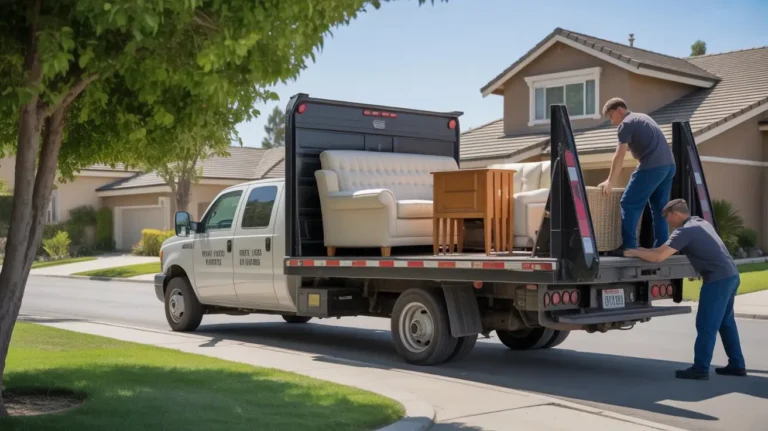 Junk removal crew loading items into truck in Visalia residential area