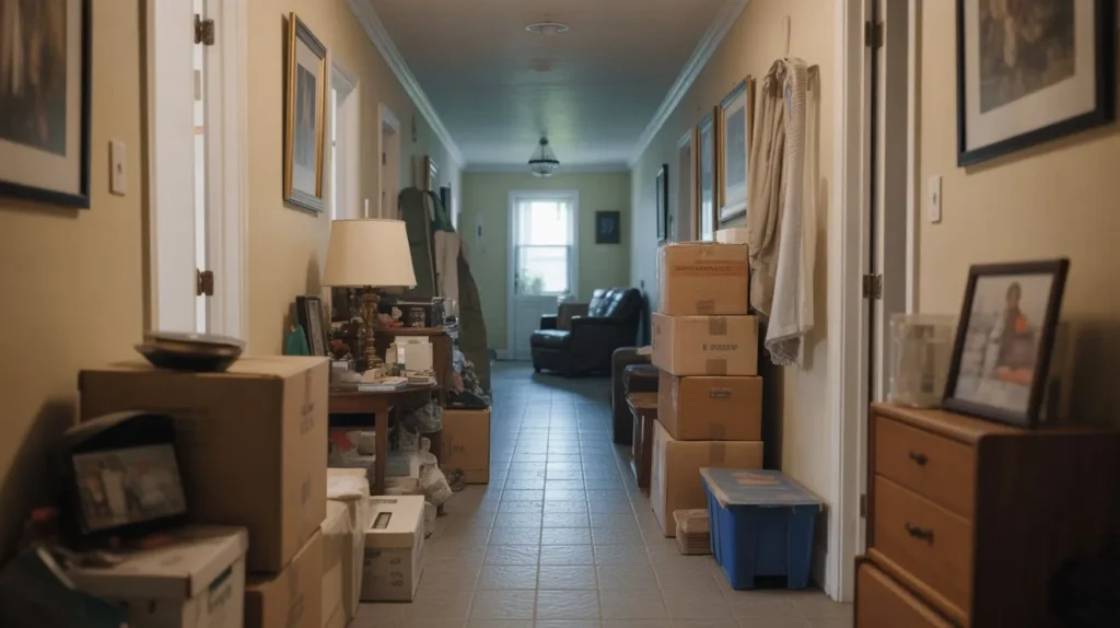 Cluttered hallway creating fall risk inside a Visalia home.